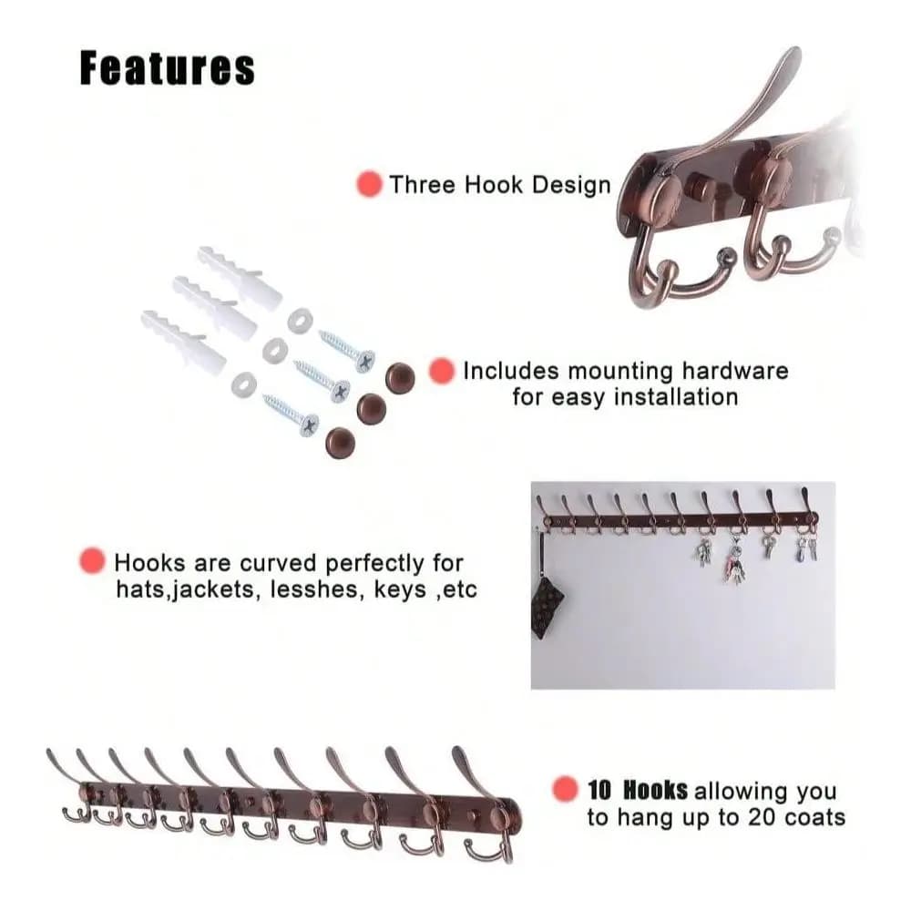 Appendiabiti da parete lungo 38 cm con 10 ganci a tripla piega, resistente, per appendere cappotti, cappelli, vestiti, borse e altro.