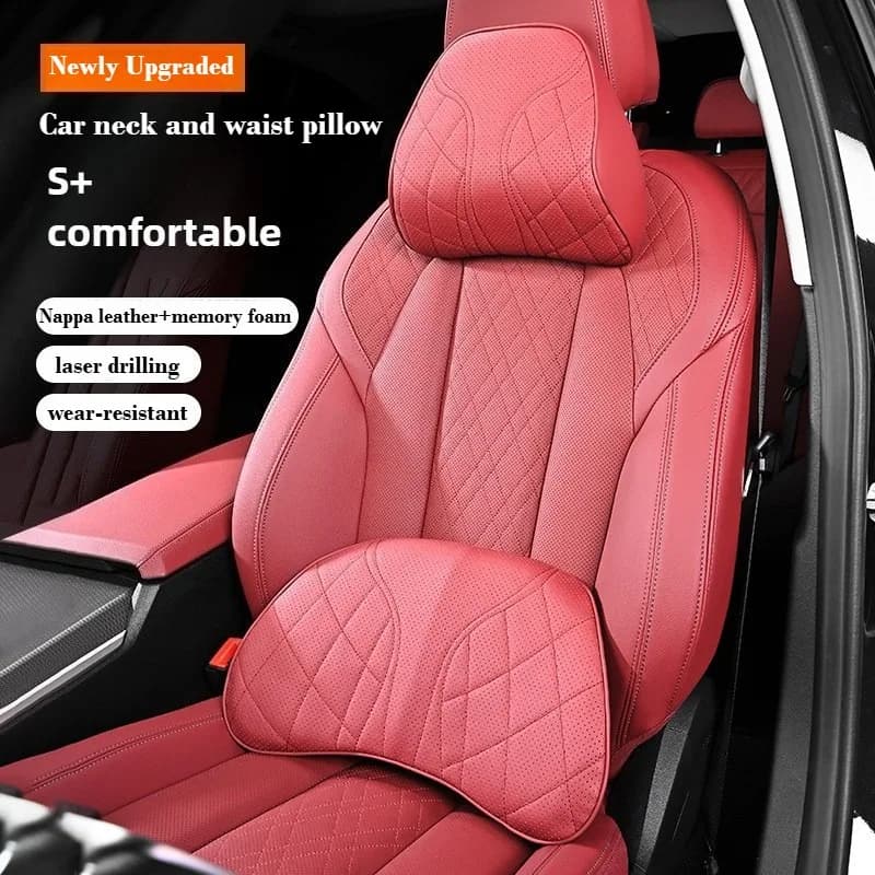 Cuscino per il collo dell'auto in memory foam Cuscino per la vita Poggiatesta per auto in pelle nappa e set lombare Accessori per sedili Collo per auto e supporto lombare
