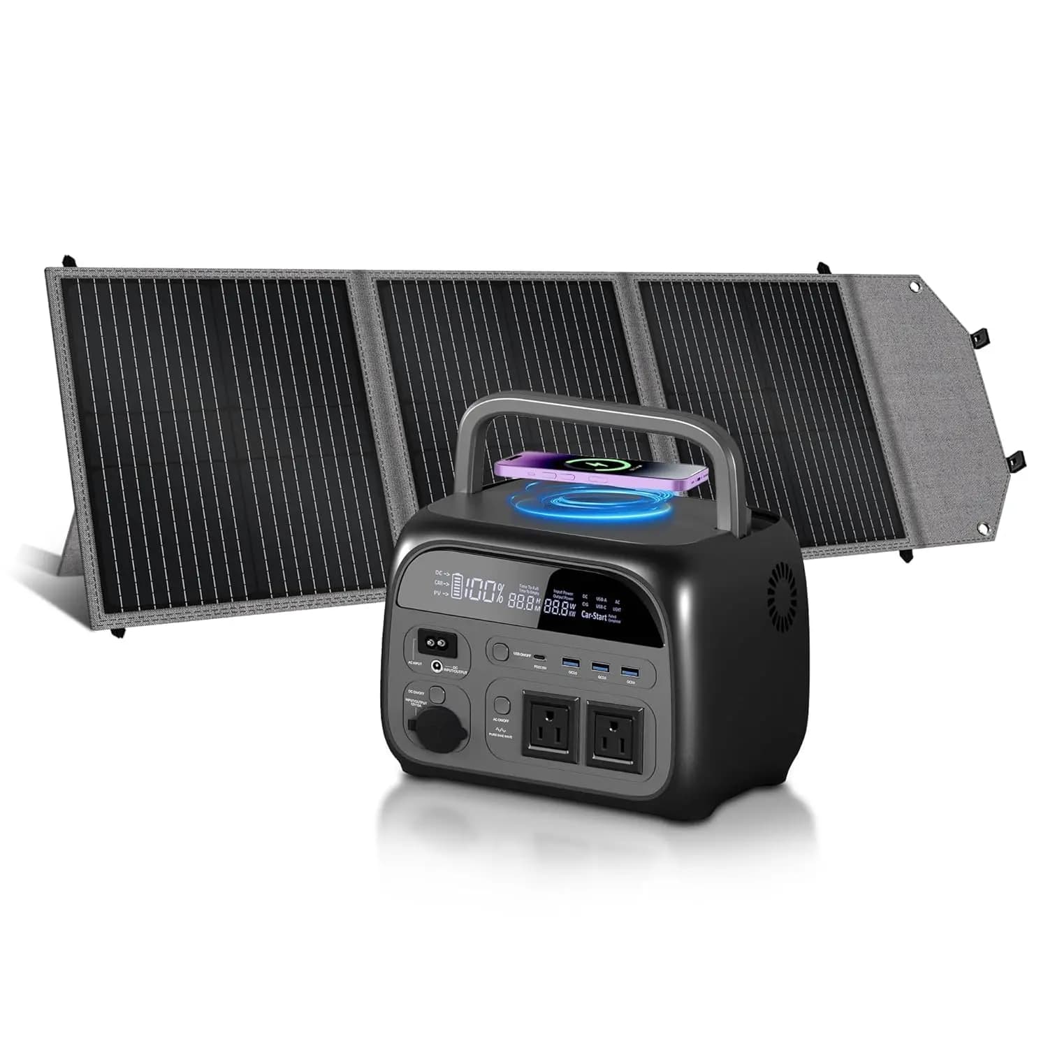 Stazione di Alimentazione Portatile con Pannello Solare da 100W, Batteria LiFePO4 da 345Wh, Generatore Solare con Uscita AC da 500W per Campeggio