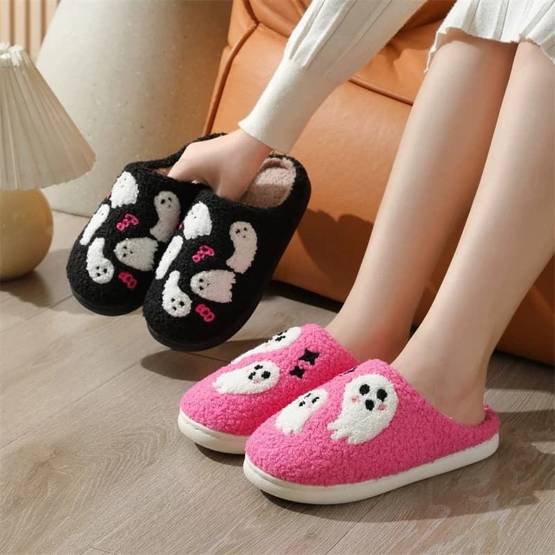 Pantofole in cotone fantasma cartone animato per donna 2025 Punta tonda leggera Pantofole da donna di Halloween Pelliccia sintetica Scivoli da casa in peluche caldo Donna