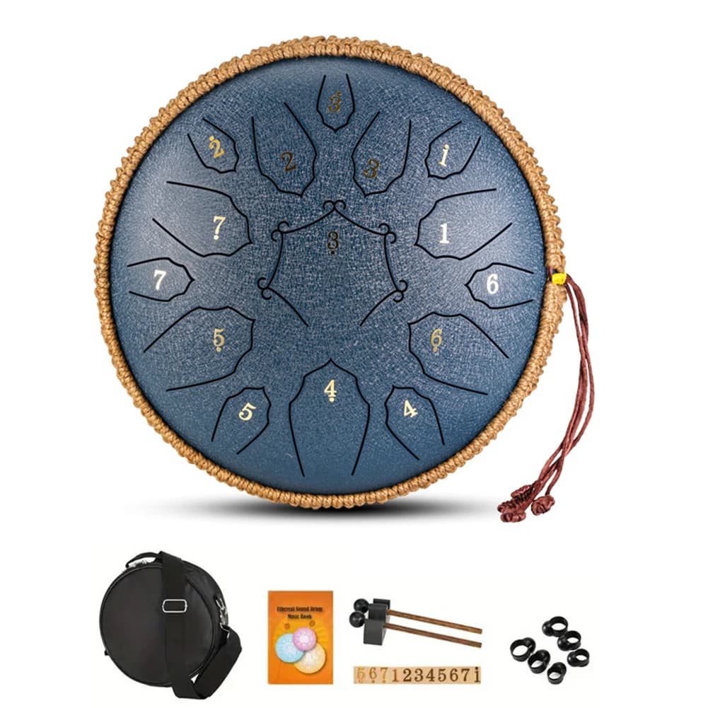 Musical drum from 12 Inches with Bag and Bacchette, 15 Notes, Steel drum for Yoga, Meditation, Sound therapy, Tone D, Etterean drum