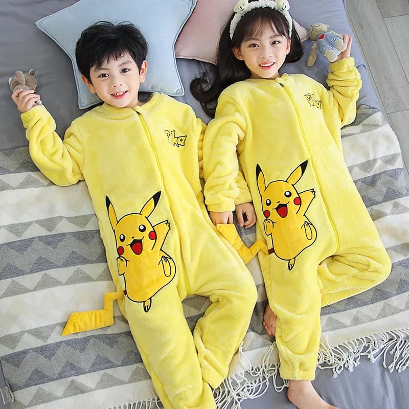 Pijama Long Sleeved Dress with Dinosaur Pikachu Cartoon Autumn and Winter Sleeping Bag in thick flannel Homewear for Boys and Girls