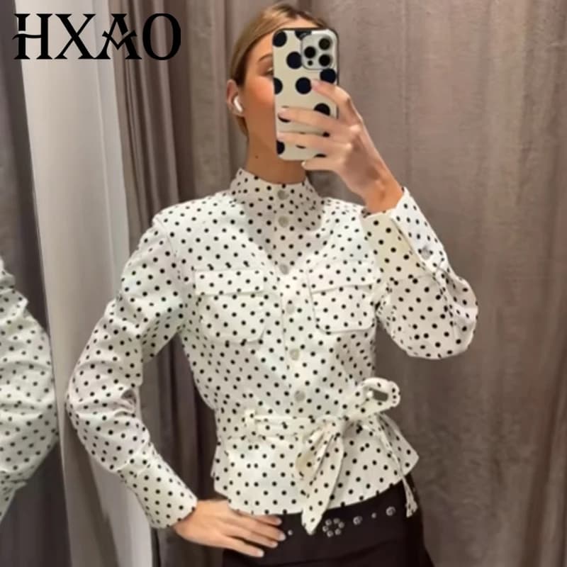 Giacca Corta da Donna HXAO 2026 con Pois, Elegante con Cintura e Bottoni, Tasche Grandi, Maniche Lunghe, Nuova Collezione