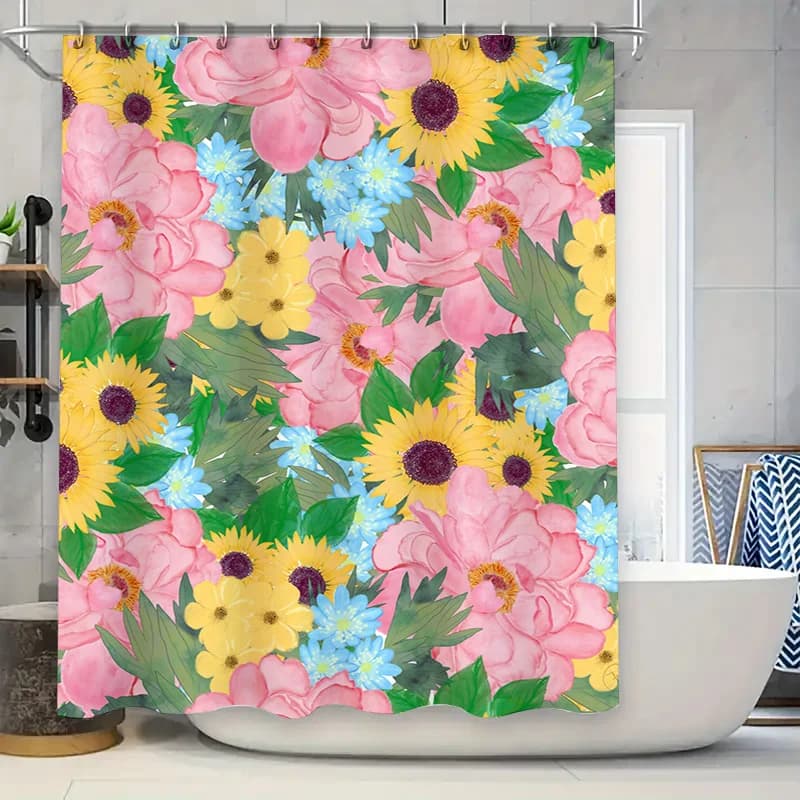 Set di decorazioni per tende da doccia da bagno impermeabili floreali luminose con girasoli, peonie rosa e campanelle, accenti per la casa per un soleggiato