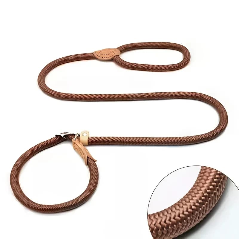 Sliding traction control with rope for dogs without ring belt, durable leather joint and P-shaped pet collars with adjustable metal buckle