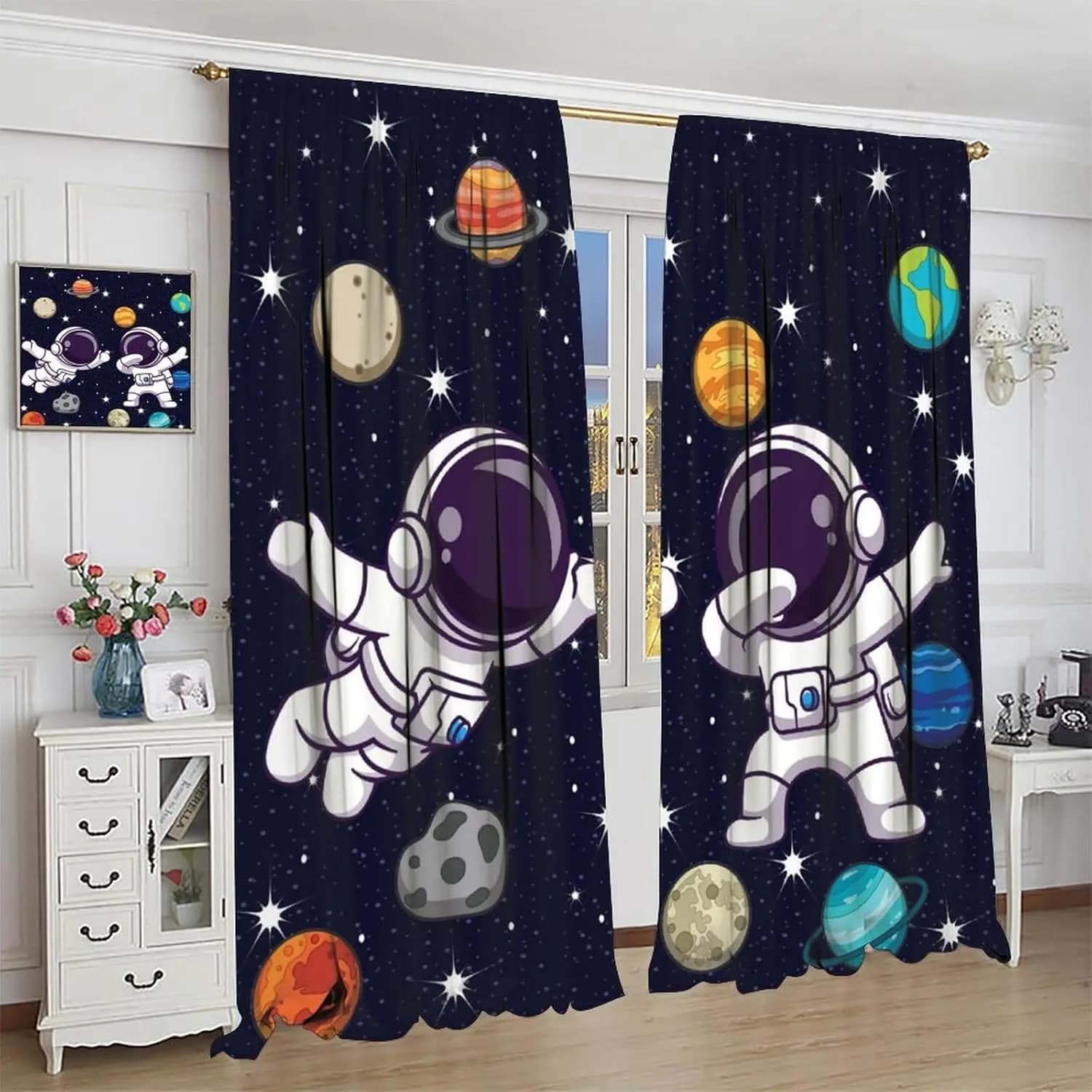 Tende con Astronauti dei Cartoni Animati, Tenda Decorativa per Finestre con Tema Spaziale, Divertente Astronauta, Pianeti, Sistema Solare e Galassia, per Bambini