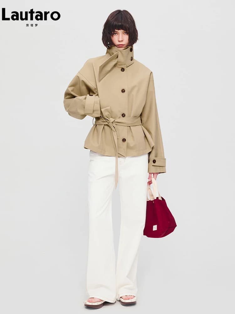 Lautaro Spring Autumn Short Khaki Trench Coat for Women Scarf Collar Single Breasted Elegant Chic Luxury Designer Clothes 2026
