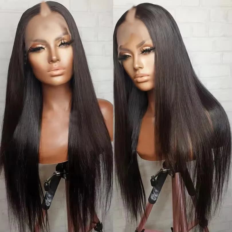 Women's Wig with U opening 1x4, smooth human hair 30 inches long, natural black color, with clip, without glue, adjustable, V