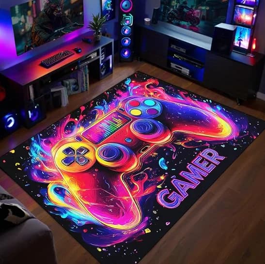 Tappeto in flanella con controller di gioco al neon, antiscivolo, per la casa, morbido e assorbente, regalo per la stanza dei giochi, camera da letto, soggiorno