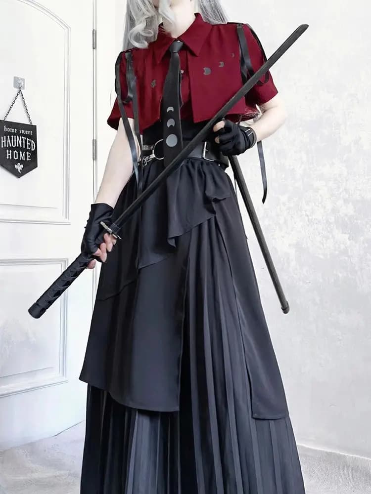 2025 New Gothic Vintage Elegant 3 Piece Sets Women Y2k Button Design Tops + Black High Waist Retro Skirt Female Belt Party Sets