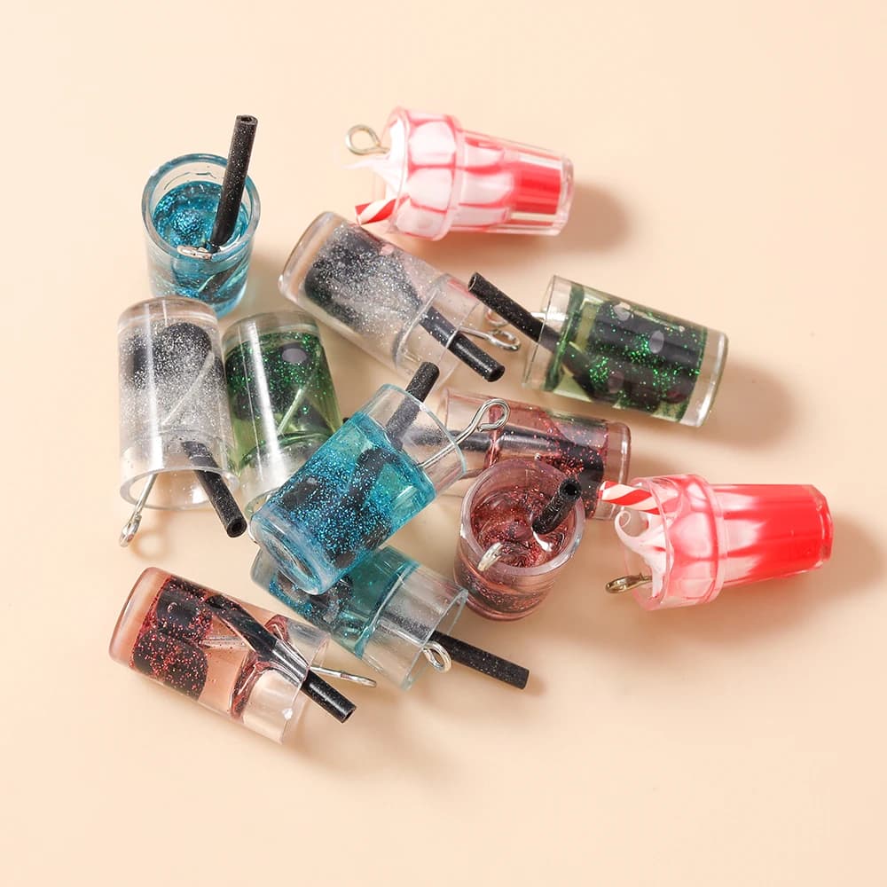 Leslie 10pcs Resin Wishing Bottle Milk Tea Cup Sparkling Water Charms for DIY Earring Keychain Necklace Pendant Jewelry Making