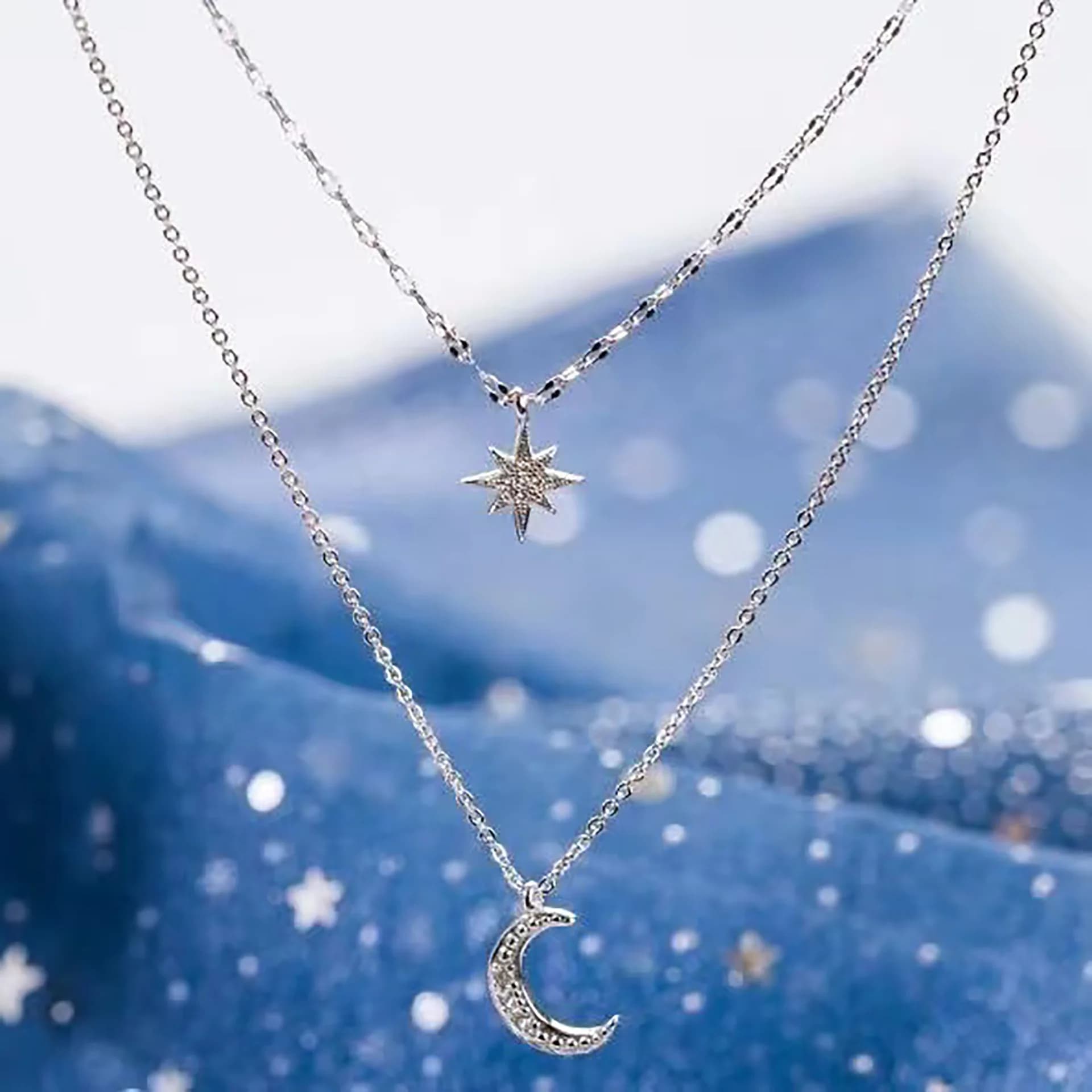 Nuova Collana alla Moda a Doppio Strato con Stella e Luna in Argento per Donne, Ciondolo Delicato con Zirconi, Gioiello da Matrimonio