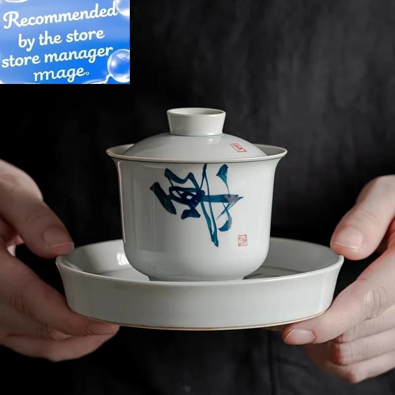 Retro Green Gaiwan Set Hand-Painted Calligraphy Poetry Brewing Tea Bowl Porcelain Kung Fu Tea Set Zen Ceramic Handpainted