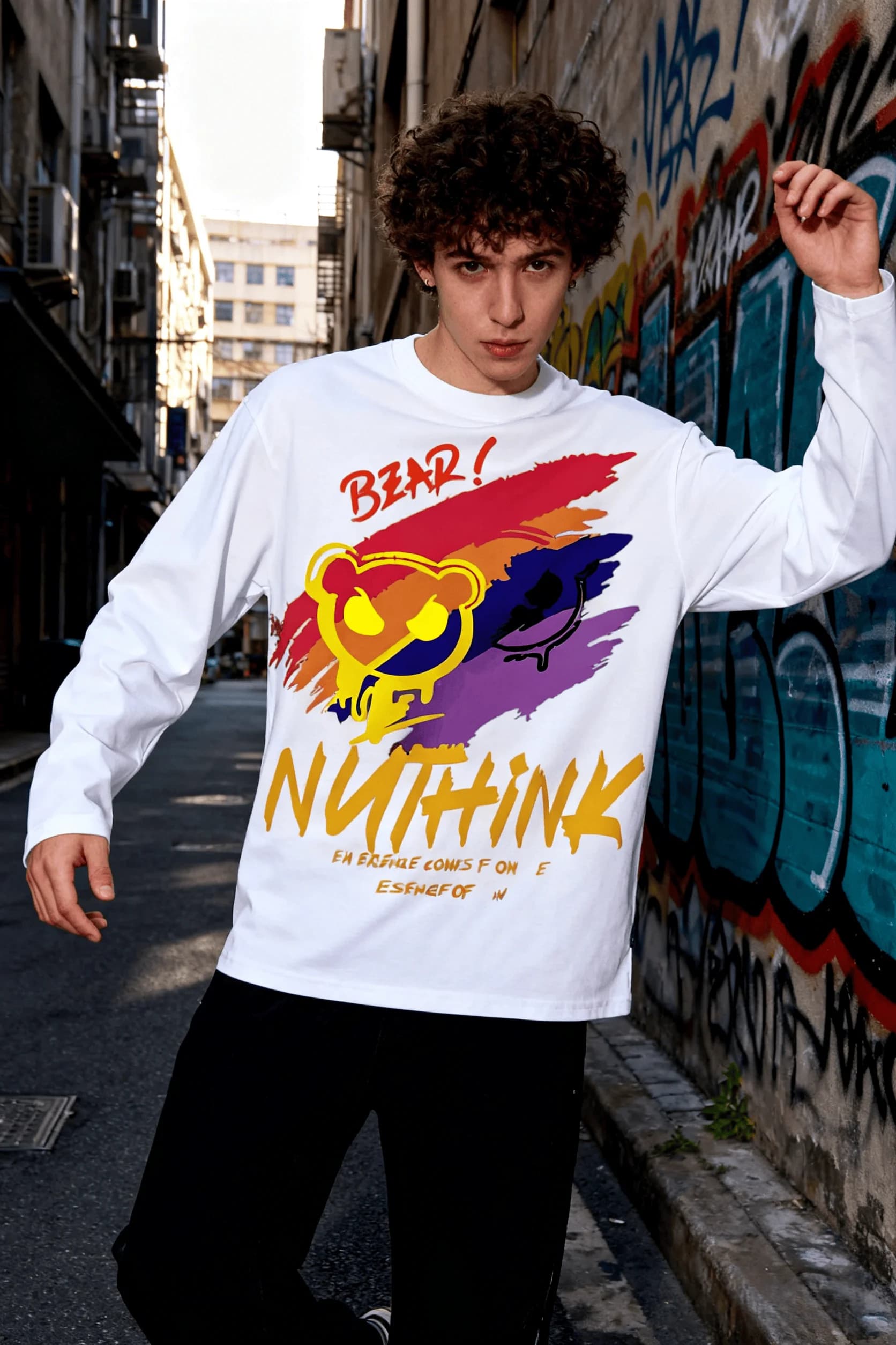 Nuova T-shirt unisex, stile streetwear con stampa orso sfumato, manica lunga, T-shirt casual a manica corta per coppie