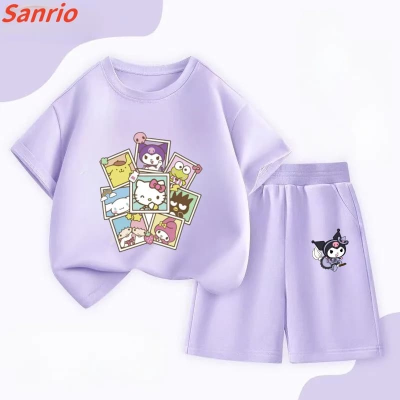 Set di vestiti estivi per bambina T-shirt con stampa di cartoni animati Sanrio House per bambini e tuta corta in due pezzi Tuta a maniche corte per bambini