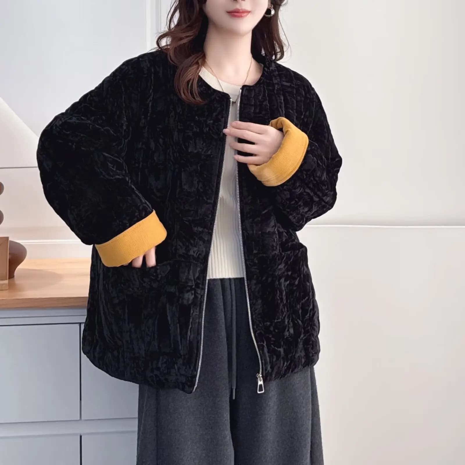 XXXXL Moda Plus Size Parka da donna Inverno Pleuche Color Bloccato in pile Caldo cappotto senza colletto Giacca imbottita casual 555