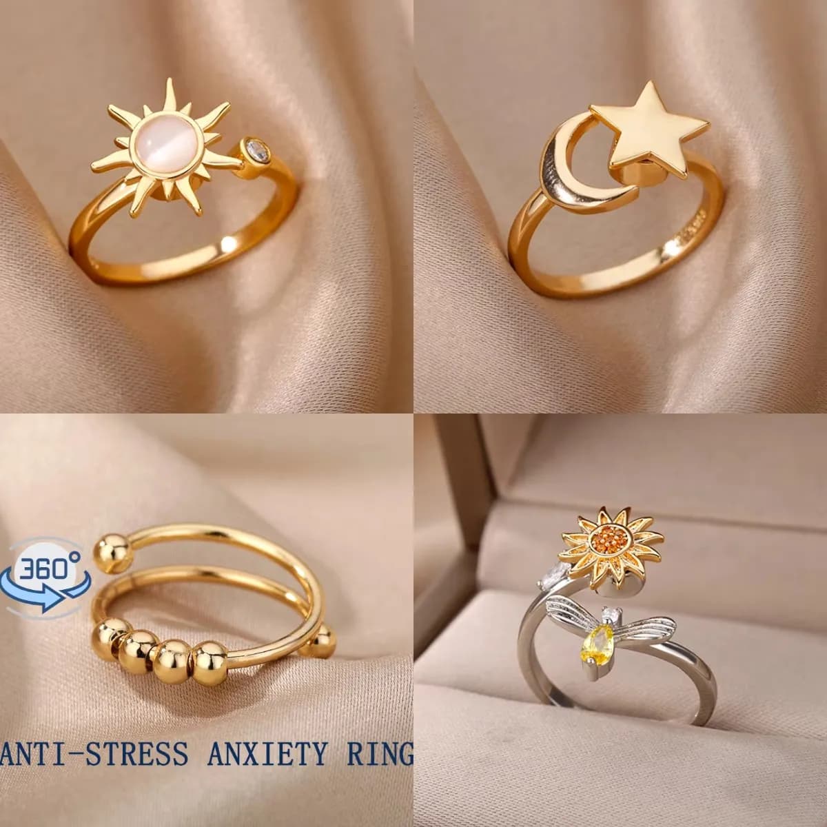 Anelli Antistress e Antiansia per Donne, Anello Girevole Girasole e Stella in Acciaio Inossidabile, Gioielli Natalizi, Dropshipping