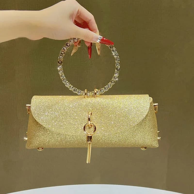 Borsa da sera da donna 2026 di nuovo design con manico rotondo a diamante, borsa a tracolla alla moda con strass lucidi per matrimonio, borsa a tracolla con nappe e cristalli