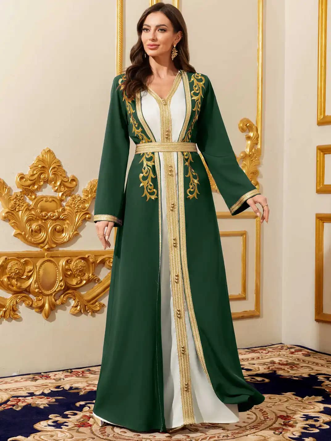 Middle East Elegant Abaya Female Moroccan Embroidered with Belt Sleeve Long Sleeved Long Sleeved Two Pieces Dubai Islamic Dress
