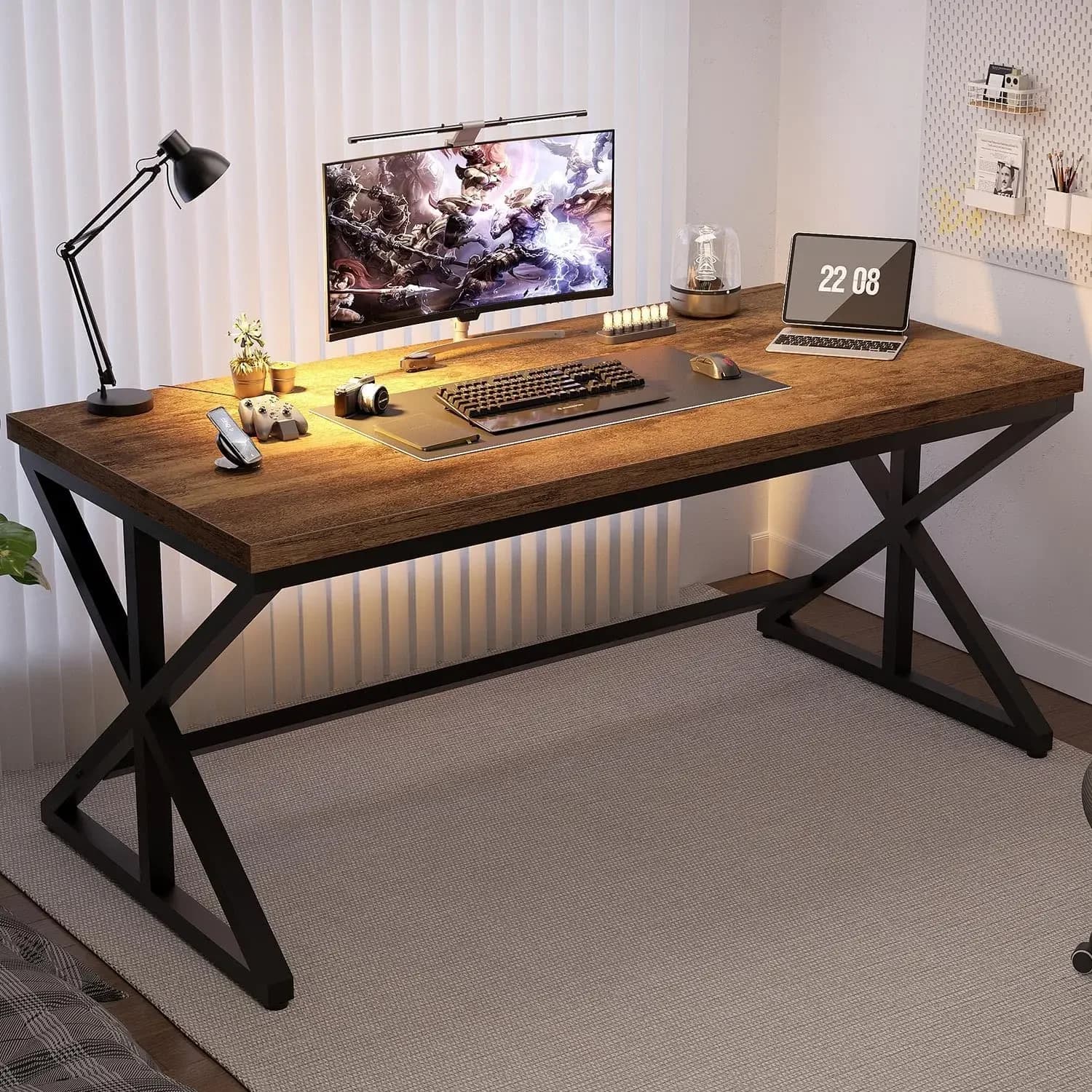 Scrivania in Legno e Metallo Marrone Rustico da 60 Pollici, Tavolo Industriale per Ufficio, Gaming, Studio, Camera da Letto e Soggiorno