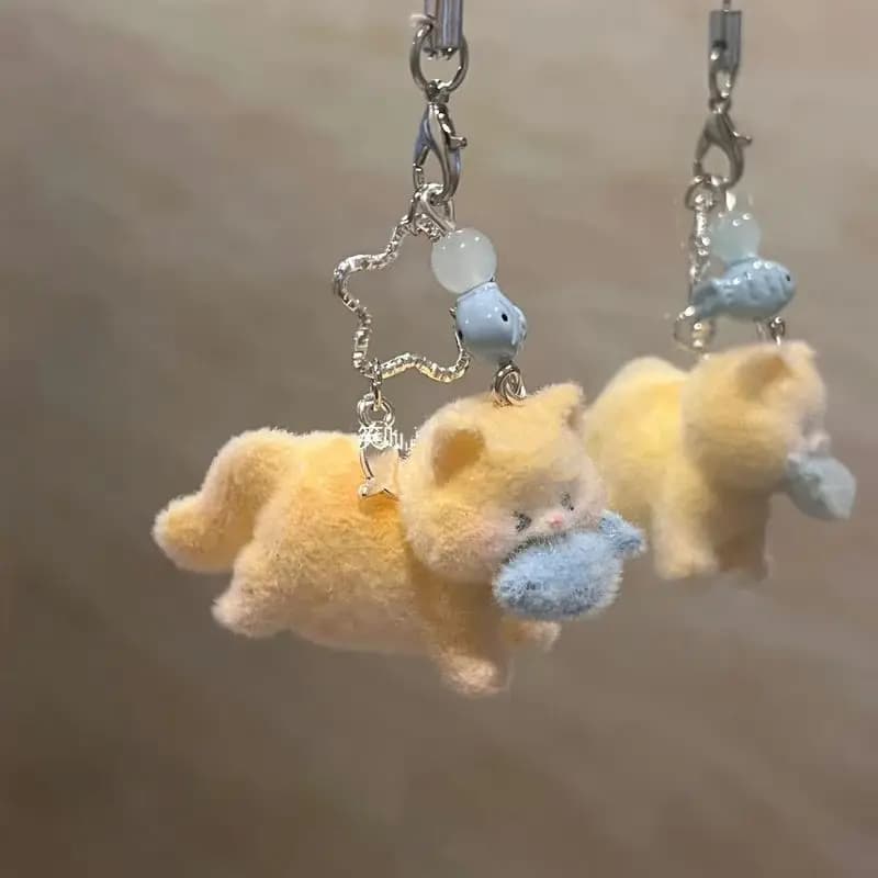 Cute Plush Cat Keychain Creative Fish Design Phone Charm Bag Pendant DIY Decor Gift For Women