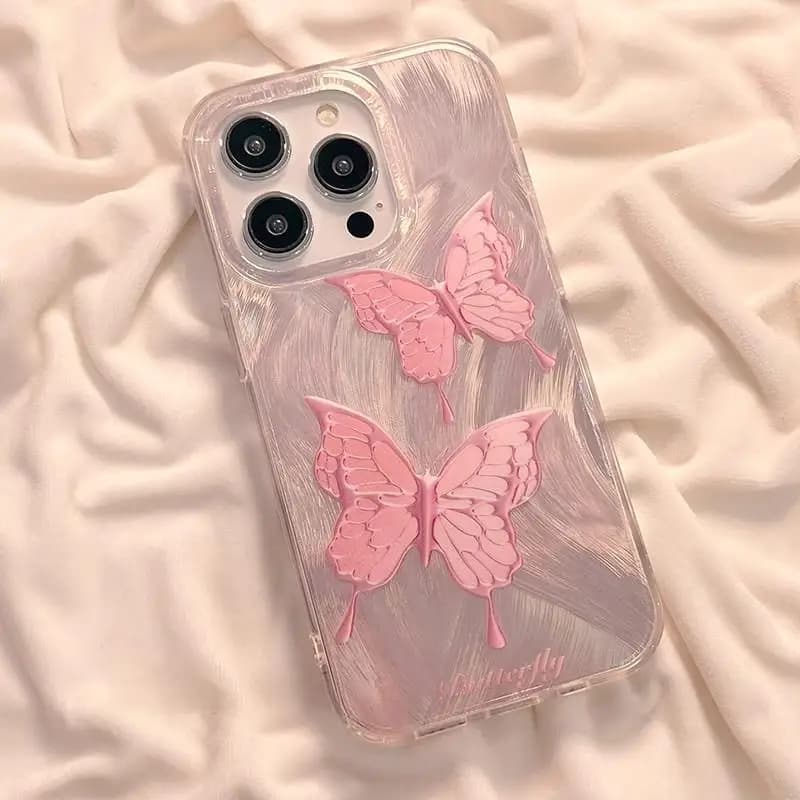 Custodia per telefono coreana Ins rosa con farfalle e piume in filato per iPhone 17 Air 16 15 14 13 12 11 Pro XR XS X Max, cover antiurto di lusso Y2K