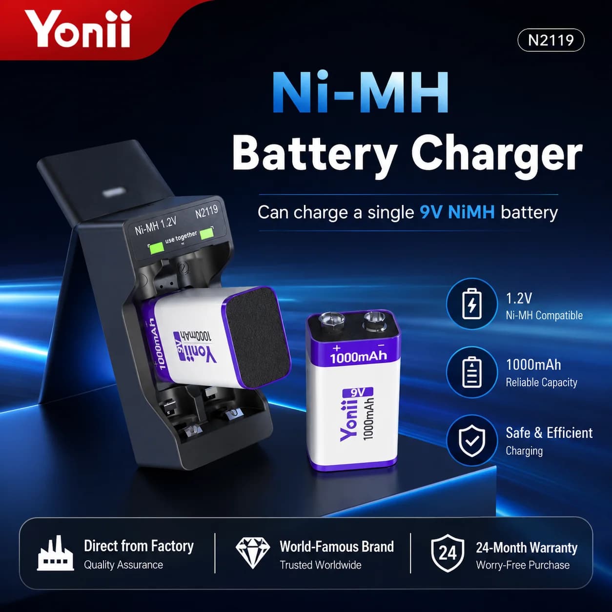 2-slot 1.2vni-MH AA, AAA/9vni-MH/8.4v Li-Ion rechargeable battery charger is full of automatic green light, which requires two b
