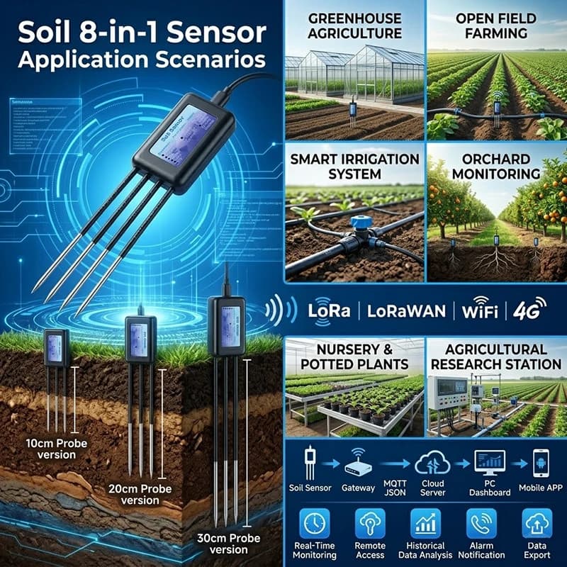 RS485 MODBUS 8 in 1 Soil Moisture NPK EC Temperature Humidity Salinity pH Sensor with MQTT JSON System for Farmland Irrigation