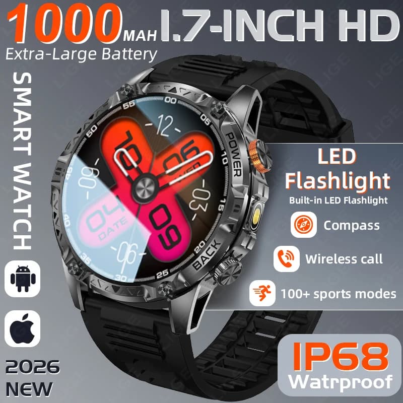 LIGE 2026 men's smartwatch with 1000mAh battery, IP68 waterproof, for fitness and sports, with Bluetooth calls and music.