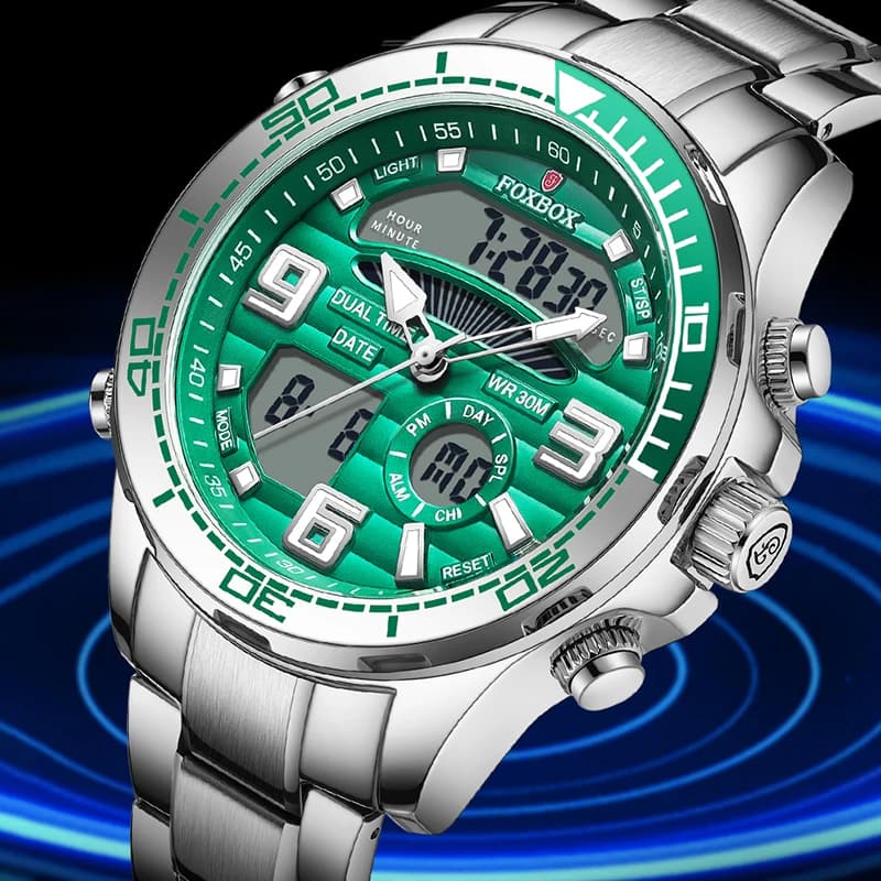 LIGE FOXBOX Electronic Man Watch Dual Time Stainless Band Casual Sports Alarm Waterproof Luminous Digital Quartz Watches for Men