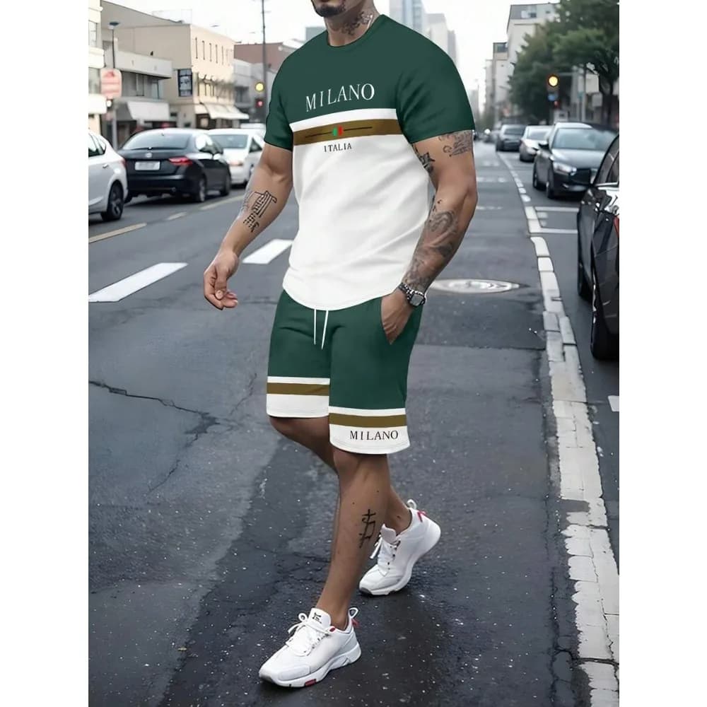 Men's Italian-style Two-piece Set: T-shirt and Shorts, Featuring A High-end Pattern Designed in Milan and A 3D Printing Design
