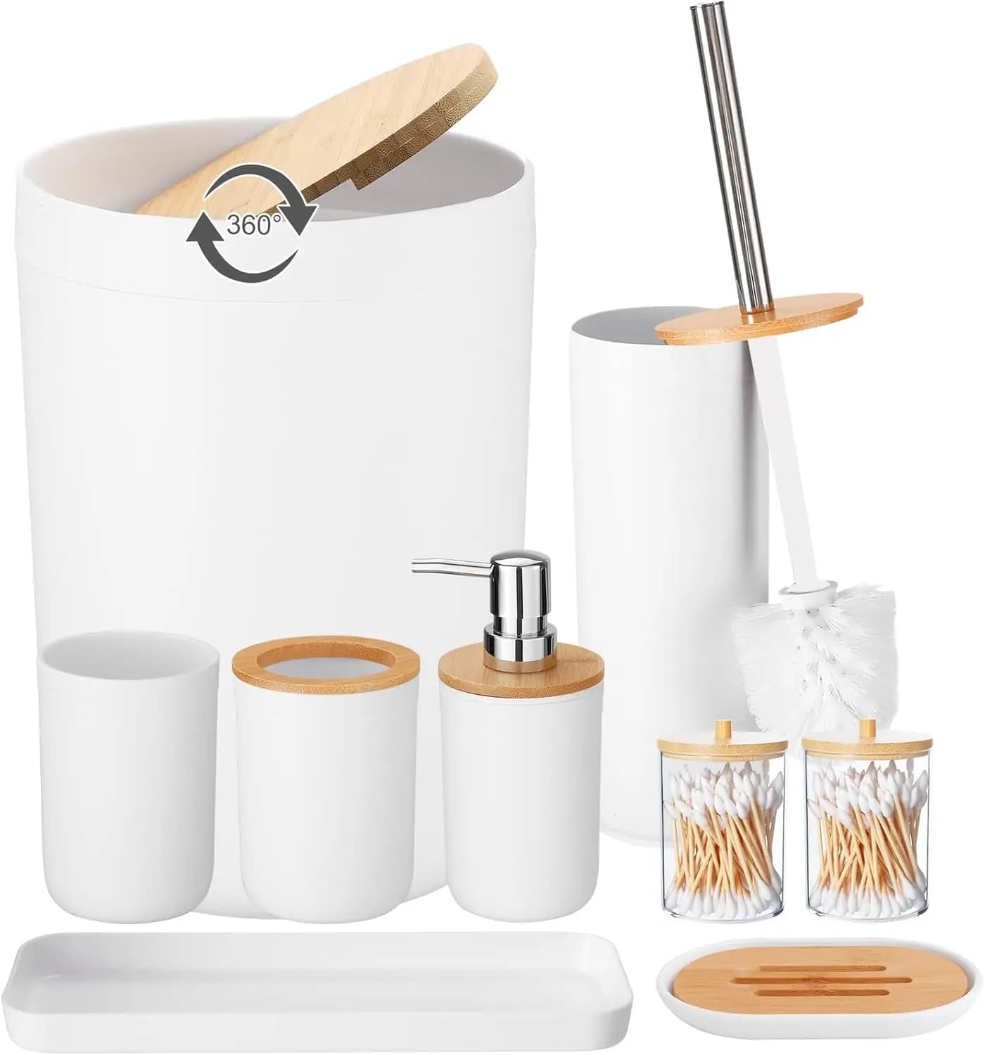 Set di 8 Accessori per il Bagno con Cestino, Spazzola per WC, Portaoggetti, Dispenser, Porta Sapone e Porta Bicchieri in Legno Bianco