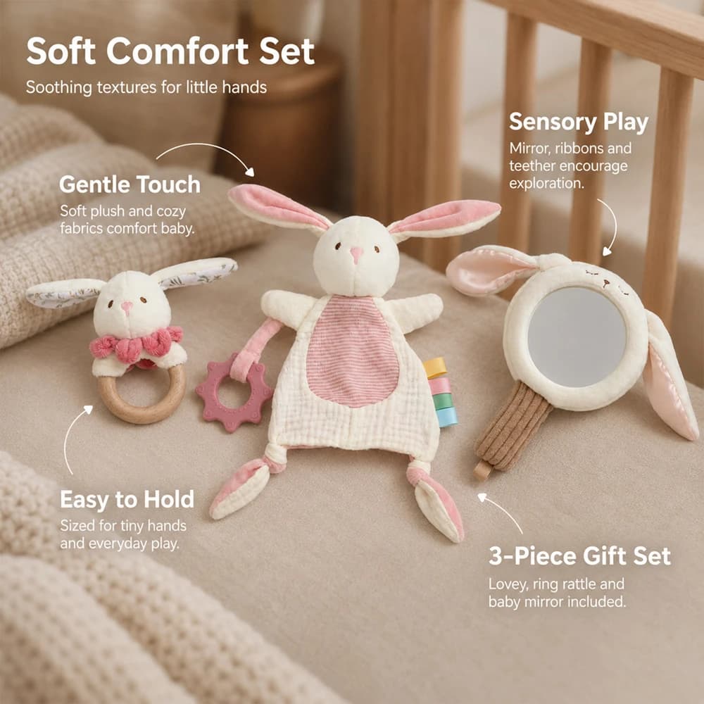 Baby Bunny Sensory Toy 3 Piece Set Cotton Wooden Ring Rattle Handheld Mirror Soft Plush Toy for Infant Fine Motor Skills Toys