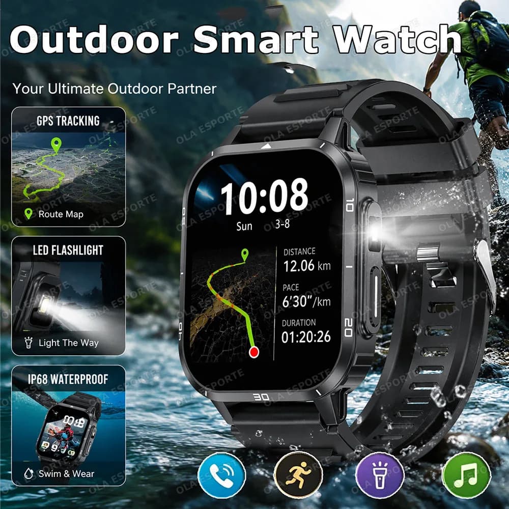 Outdoor Flashlight Smart Watch Wireless Calls Health Monitoring GPS Motion Music Message Reminders Sports Smartwatches 2026 HW12