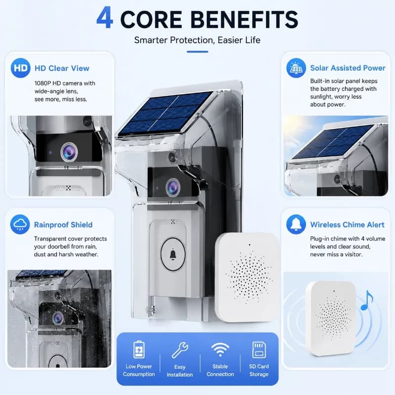 Solar Charging Wireless Video Doorbell with Rain Cover HD Security Camera Built‑in Voice Changing Intercom Function