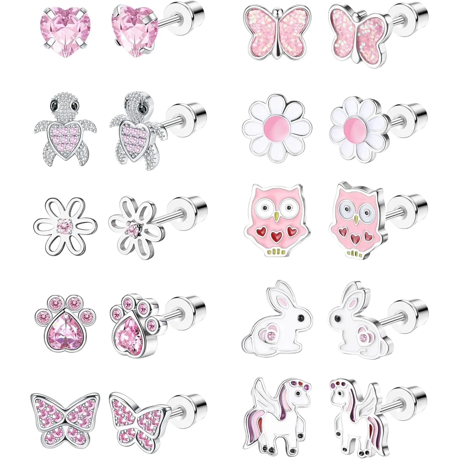 Bobisty 1Pair Cute Screw Back Earrings for Women Stainless Steel Multicolored Heart Flower Butterfly Rainbow CZ Stud Earrings