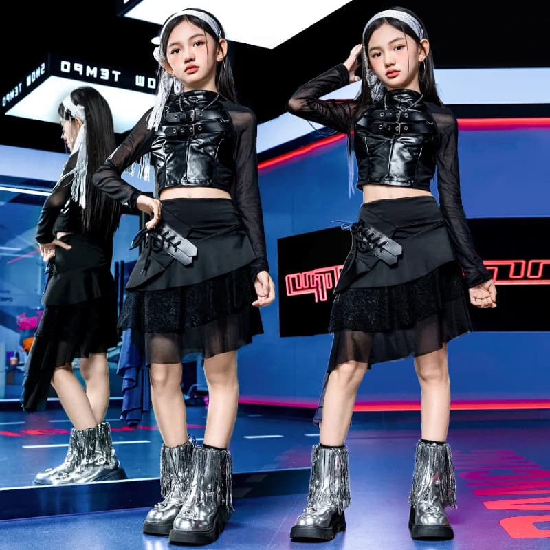 High Fashion Kids Girl Hip Hop Costume Outfit Leather Patchwork Skirt And Top 2 Piece Clothing Set Children Stage Clothes Outfit