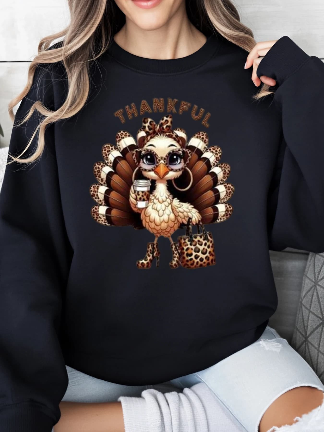 Sweatshirt with leopard print Thankful Turkey Thanksgiving Women's casual clothing Black Plus Sizes