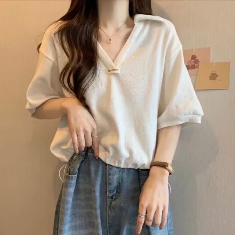 POLO Collar Drawstring Cotton Short-sleeved T-shirt Women's Summer Tide Loose Thin Leisure Small Short V-neck Half-sleeves
