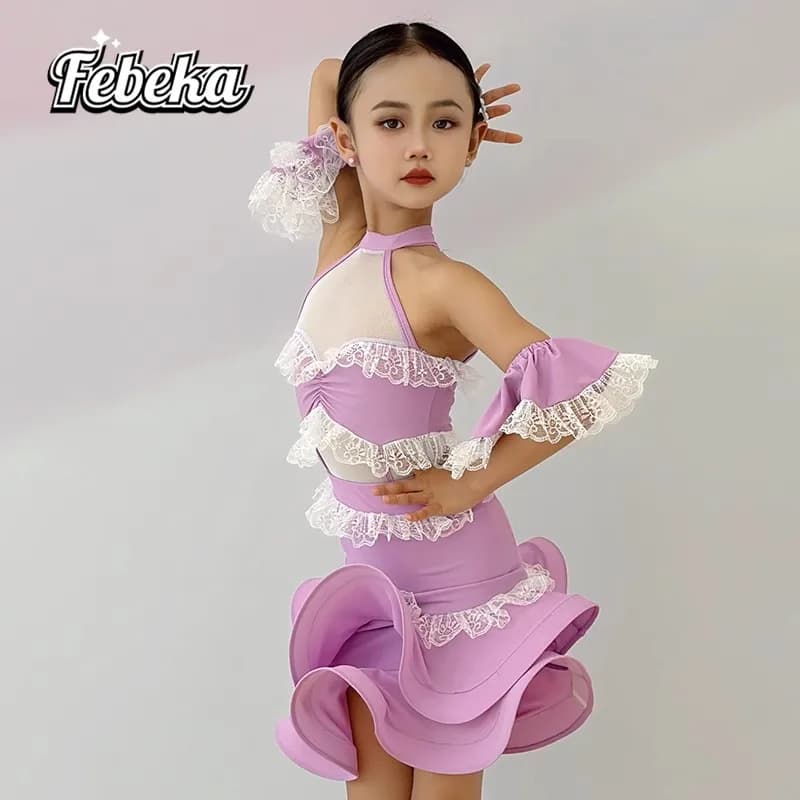 Abito da ballo latino personalizzato per gonna da allenamento per ragazze, costume da competizione per bambini, abito diviso, set da 2 pezzi