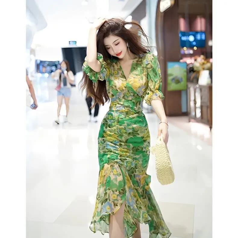 Nuovo abito avvolgente in vita stile moda estiva 2025 Gonna stampata verde scuro