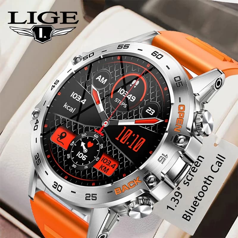 LIGE Smartwatch with Bluetooth Call for Man, New Display of 1,39" for Open Sports, Cardiaca and Health Frequency Monitoring, Compatible with Android and iOS Phones