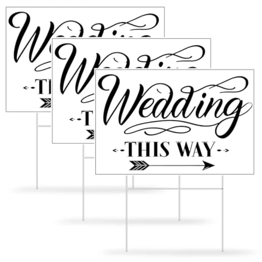 Segnali Direzionali per Matrimonio, Set da 3, Insegna 'This Way' Stampata su Due Lati, in Plastica Bianca e Metallo, 16 x 12 Pollici
