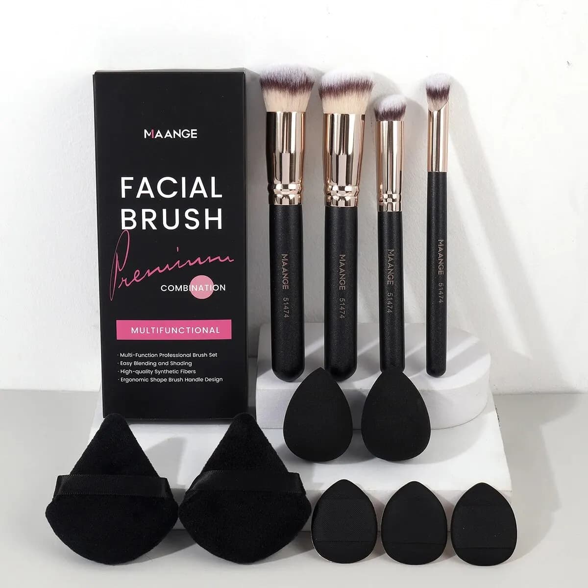 MAANGE Toolkit for 11 Pieces Make-up, 4 Brushes for Make-up with Spugnetta for Powder, Sponge for Air Bearing Make-up, Sponge for Corrector and Shafting Umbrella