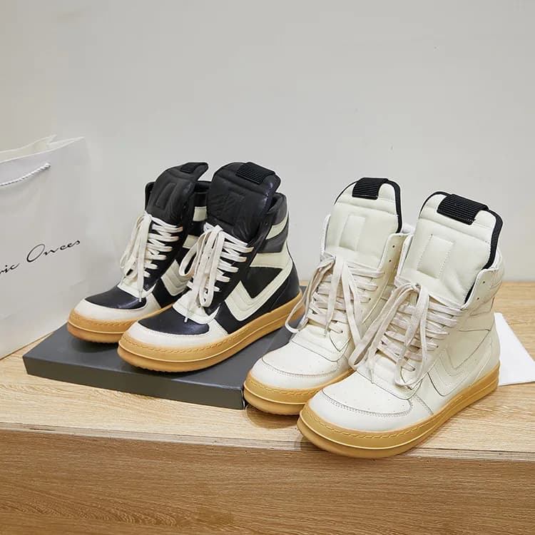 High Top Ankle Boots Black White Genuine Leather Side Zippers Hip Pop Shoes Fashion Round Head Thick Sole Casual Couple Sneakers
