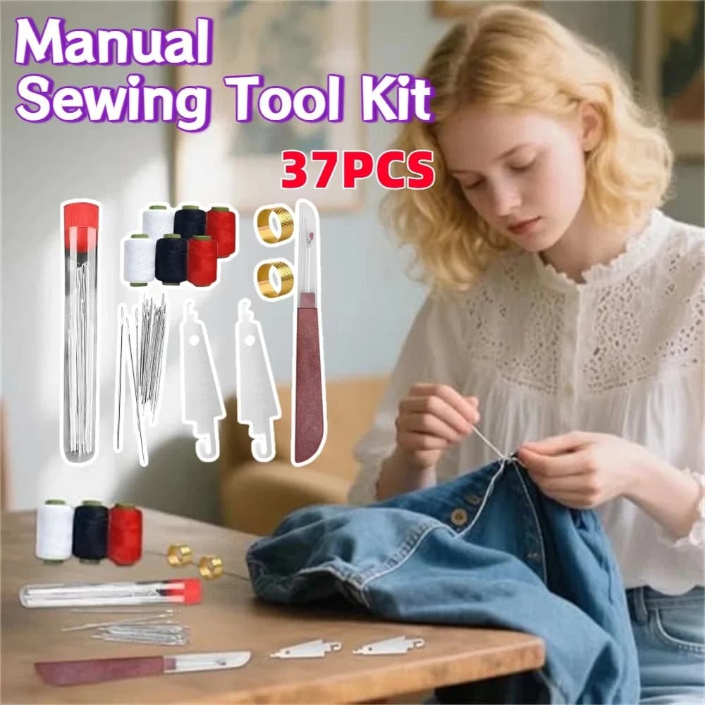 37PCS Stainless Steel Sewing Needles Kit Large Eye Steel Needle Threader Sewing Tool Set Compact Storage Portable