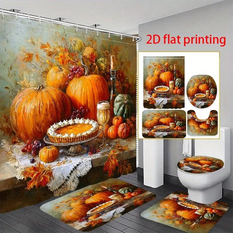 Set da bagno con tenda da doccia con stampa piatta 4 pezzi 2D, raccolto autunnale, natura morta con zucche e torta. per le donne, San Valentino