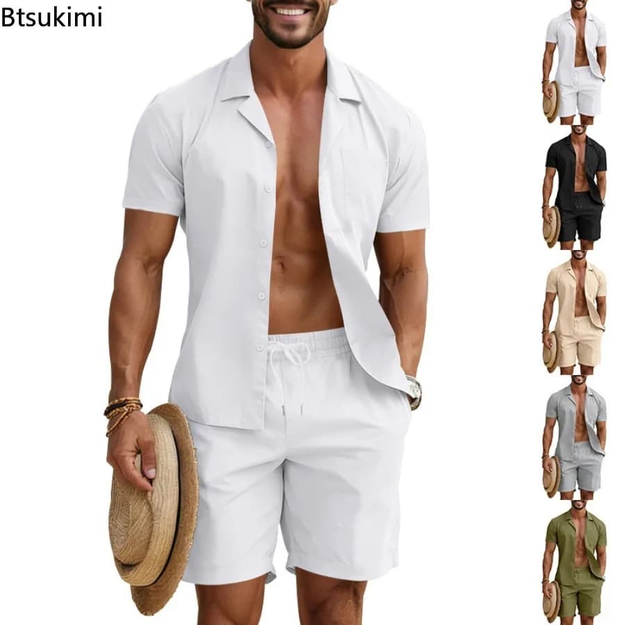 Completo Estivo da Uomo con Colletto alla Coreana, Camicia e Pantaloncini Casual, Set Due Pezzi Leggero, Comodo e Traspirante