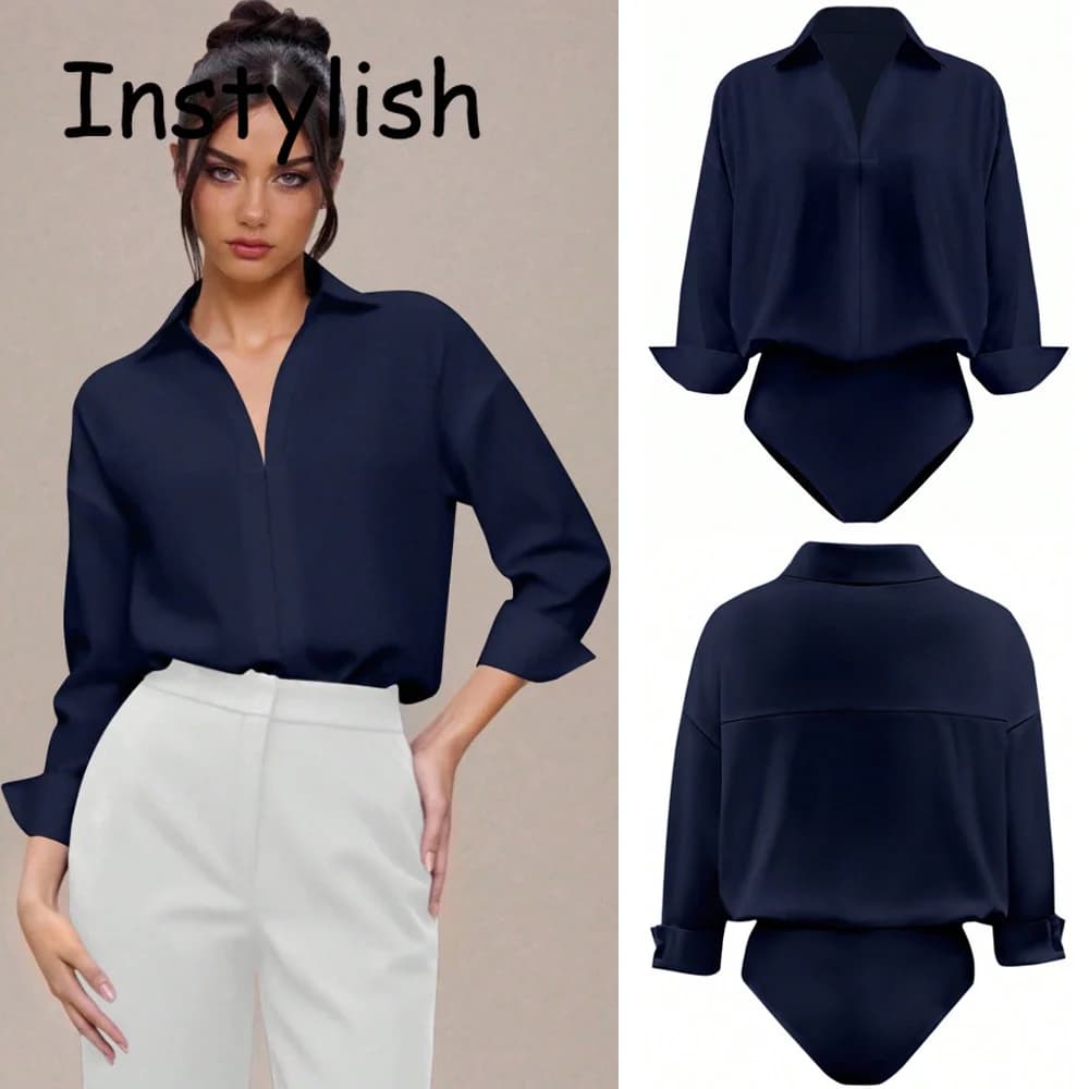 Elegant Satin Shirt Bodysuit Women Oversized Lapel Deep V Neck Half Long Sleeve Silky Blouse Bodysuit Elegant Office Work Tops