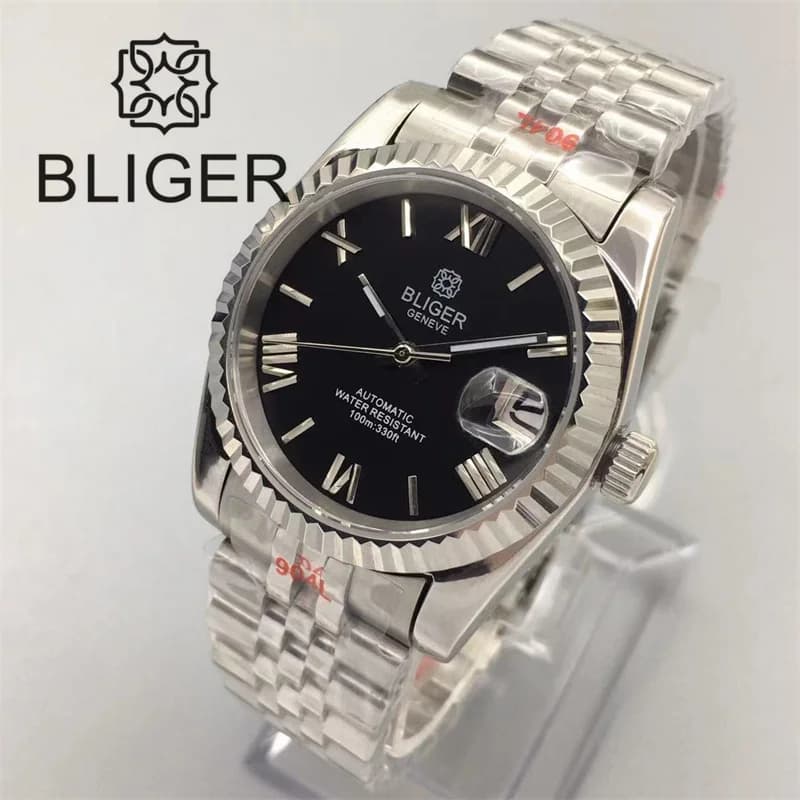 BLIGER Watch For Men 36mm/39mm NH35 Automatic Steel Strap Fluted Bezel Sapphire Glass Glide Lock Black Blue Green Gray Dial